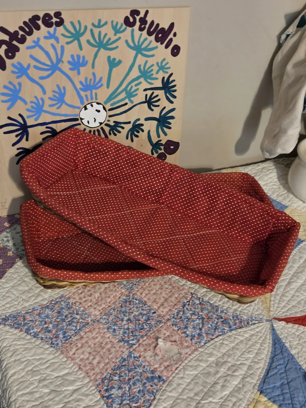 Set of vintage long narrow baskets with red polka dot fabric made in Philippines